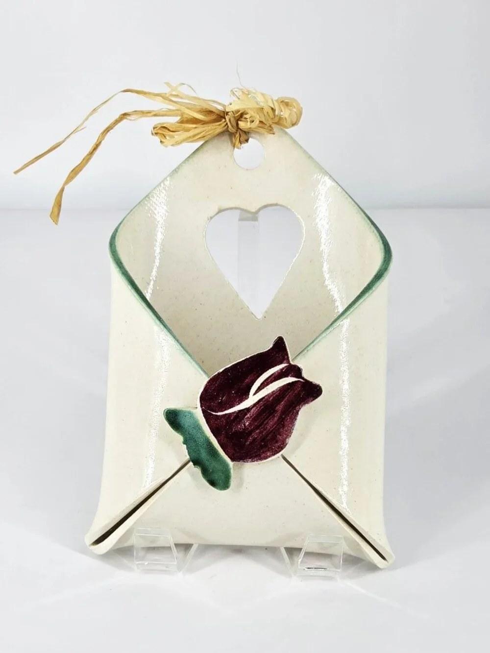 Handmade Paula Johansson Ceramics Envelope Style Wall Pocket Hand Painted Tulip